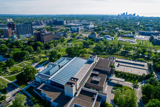 Aerial view of Cleveland over the Art Museum, Maltz Center and downtown in the background