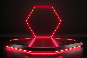 3D rendering of a red glowing neon light triangle on a black background with a floor reflection.