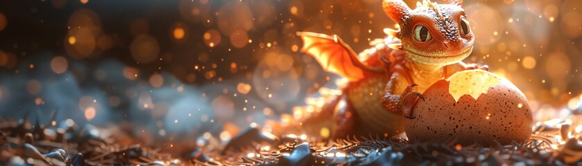 Baby dragon hatching from egg, glowing with warm light, magical setting, closeup