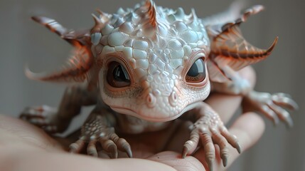 Baby dragon on hand, detailed scales, large expressive eyes, soft indoor lighting, closeup