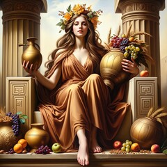 Demeter, the ancient Greek goddess of harvest and agriculture on her throne. Embodies the essence of abundance and fertility. Golden Wheat, vibrant flowers, and ripe fruits. Prosperity. Generative AI