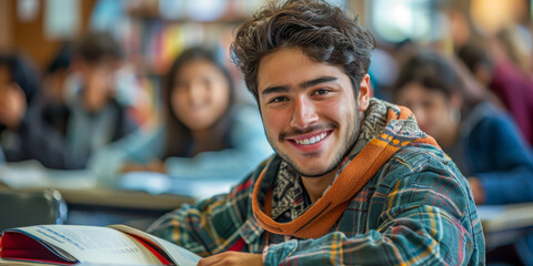 Young Male Student Smiling While Studying in a Busy Classroom