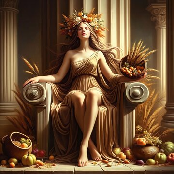 Demeter, the ancient Greek goddess of harvest and agriculture on her throne. Embodies the essence of abundance and fertility. Golden Wheat, vibrant flowers, and ripe fruits. Prosperity. Generative AI