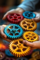 Hands holding colorful gears, closeup, collaborative teamwork concept, warm indoor lighting