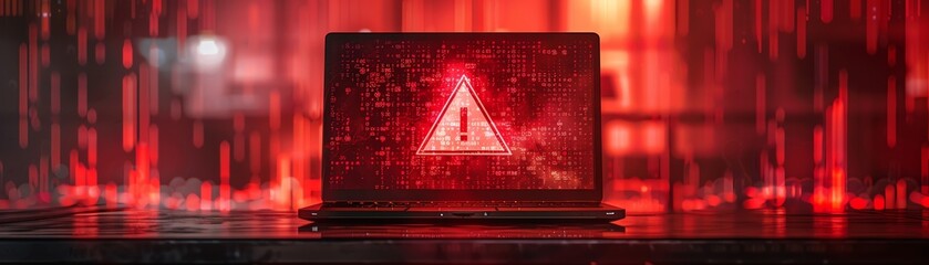 Laptop screen with red alert symbol, code in background, cyber threat