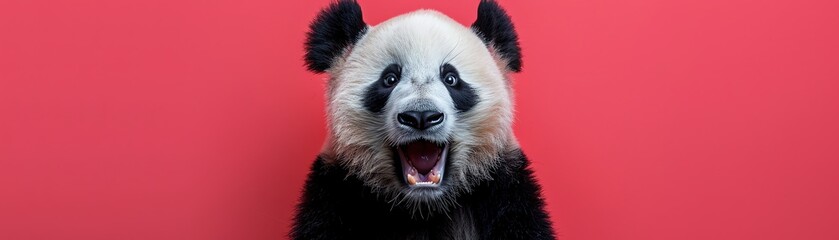 Obraz premium Surprised panda with mouth open, pink background