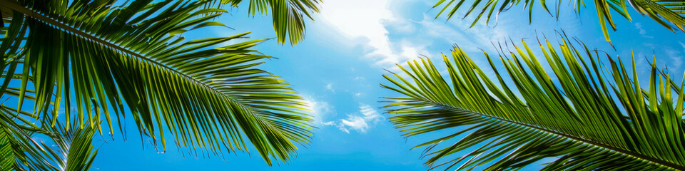 Fototapeta na wymiar Tropical Palm Leaves Against a Blue Sky with Sunlight Serene and Relaxing Nature Background
