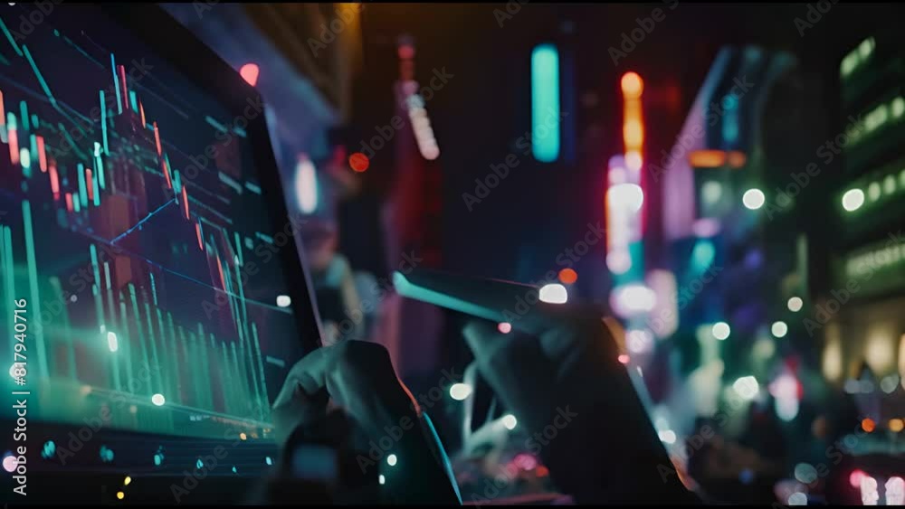 Aufkleber The team is facing tablet or computer screen and discussing trading and reading data analysis. At night, a professional broker will point out IPO charts and profit growth.