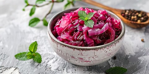 Top view of a ceramic bowl of homemade fermented red cabbage or sauerkraut with a gray backdrop and big space for text or product advertisement purpose, Generative AI. - Powered by Adobe