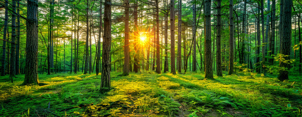 Obraz premium Serene Sunrise Through Dense Forest Trees with Lush Green Foliage and Soft Sun Rays