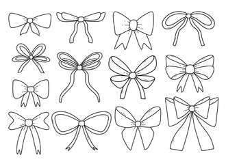Set of various doodle bows, gift ribbons. Fashionable accessory for hair braiding. Hand drawn vector illustration.