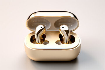 Wireless headphones with charging case on a light background, air pods, earbuds