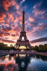 The Eiffel Tower in Paris, France at sunset with dramatic sky.