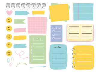 Task planners in hand drawn style. Cute paper notes, to-do lists, notepads, paper sheets, bookmarks. Vector illustration. A set of sheets for notes.