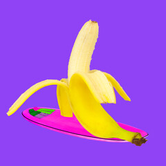 Peeled banana resting on top of pink surfboard against purple background Contemporary art collage....