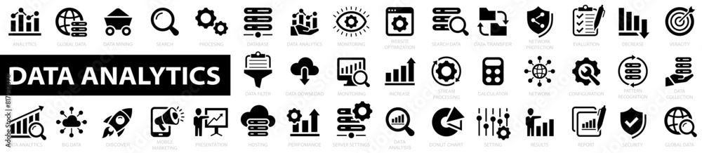 Poster data analytics big icon set. data processing. statistics, analytics technology collection. database,