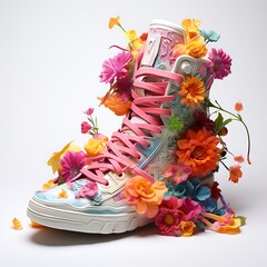 Flowers and sneakers isolated on white background. 3d illustration.