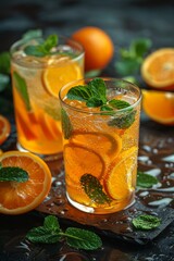 summery citrus beverage, cool off with a tropical drink made with citrus slices and mint leaves, perfect for a refreshing escape on a hot day
