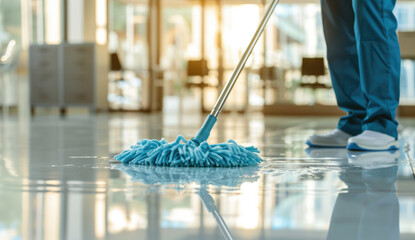 Housekeeping, cleaning, person with a mop to clean the floor. Office or domestic worker, cleaner and housewife	
