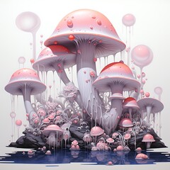 Abstract 3d illustration of mushrooms. Creative design background with copy space.