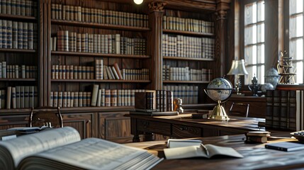 Fototapeta premium Lawyer's Office: The lawyer's office is filled with law books, case files, and legal documents, where the lawyer reviews cases and prepares for upcoming court appearances