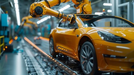 Fototapeta premium A yellow car is being built in a factory