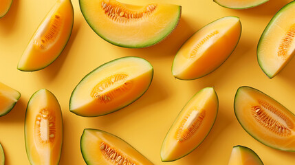 Top down view slices of melon on the yellow table summer concept
