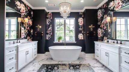 a classic bathroom adorned with black walls, white cabinets, and vintage floral wallpaper above the...