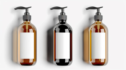 mockup of blank amber and black pump bottles with white label on white background