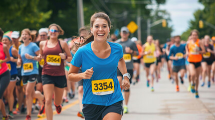 An attractive woman was running in the street with other runners during an open road race, wearing black shorts and a blue t-shirt