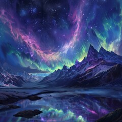A breathtaking fantasy landscape depicting towering mountains under a vibrant, star-filled cosmic sky reflecting on a serene icy lake