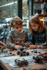 Children building a robot with DIY kit