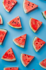 Top down view slices of watermelon on the blue table summer concept