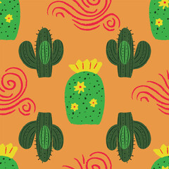 Cactus seamless pattern design on orange background