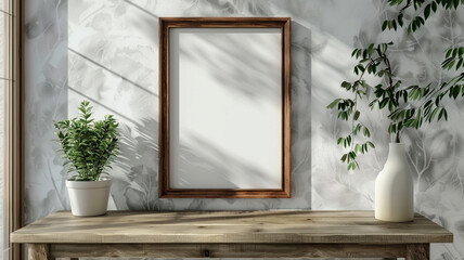A blank frame mockup on white wallpaper wall, with copy space for text