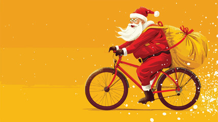 Santa Claus with bag and bicycle on yellow background