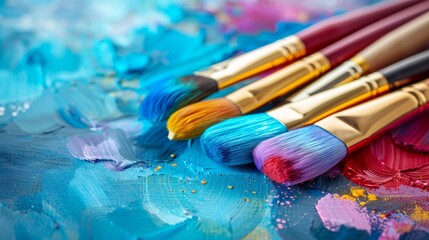 Fototapeta premium vibrantly colored watercolor brushes on a table, conveying a summery vibe for illustration with room for text