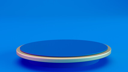 3D render of blue and gold display stage isolated on colored blue background, for products display