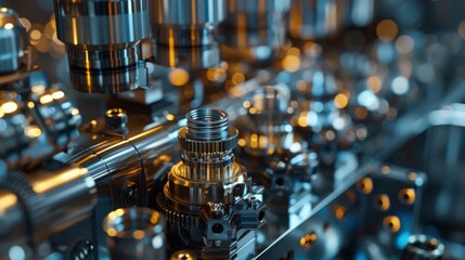 Fototapeta premium A close up of a machine with many parts, including a silver and gold object
