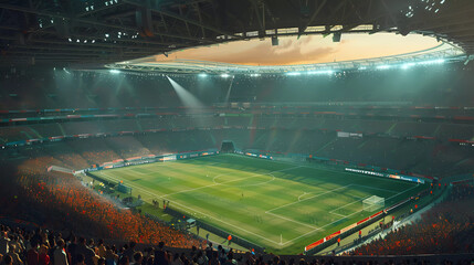 Football stadium with spotlight spot on the green grass feilds,full of attendance.football match.