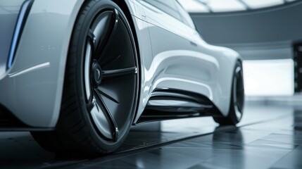 A futuristic car with a shiny black tire