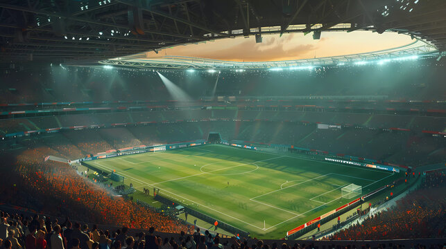 Football stadium with spotlight spot on the green grass feilds,full of attendance.football match.