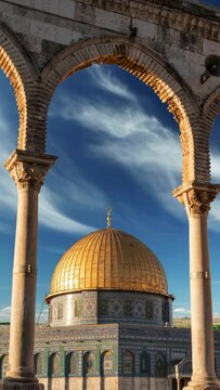 Gold dome of the rock masjid mosque or Qubbat as Sakra in Al Aqsa compound in Jerusalem vertical video