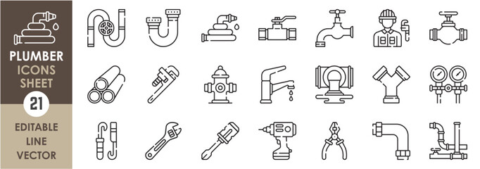 A set of line icons related to Plumber. Pipes, drains, valves, tap, mechanical tools and so on. Vector outline icons set.