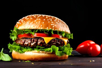 Fresh tasty burger on dark background.