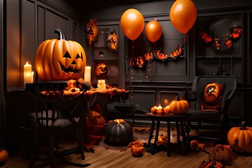 Interior of room decorated for Halloween with balloons, pumpkins and table with chairs.