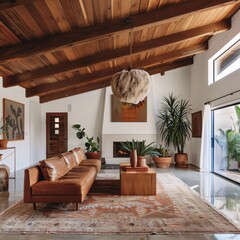 Interior of living room with wooden ceiling and brown sofa. Nobody inside