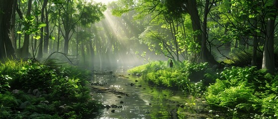 A serene summer morning in a lush green forest