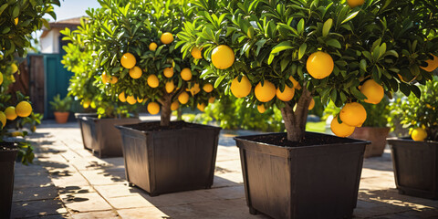 A row of potted lemon trees with dark green leaves on a sunny patio.