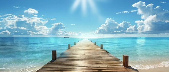 A sunlit wooden walkway leading from a tropical beach - Powered by Adobe